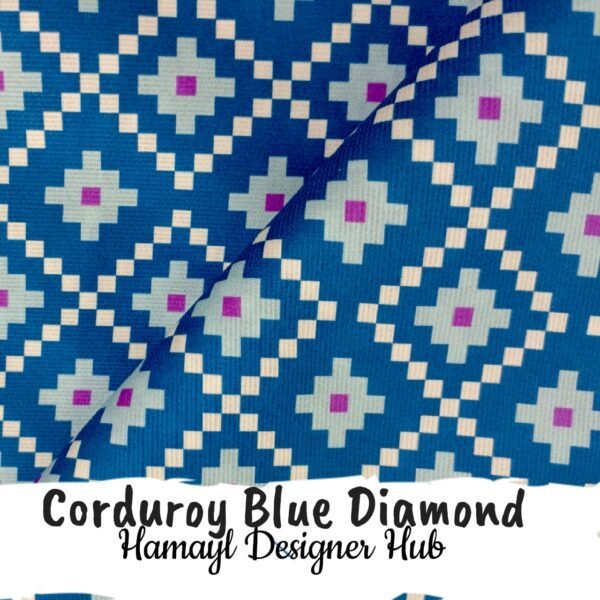 Corduroy Blue Diamond – 58 inch funky corduroy kotrai fabric with geometric diamond print by Hamayl Designer Hub Pakistan
