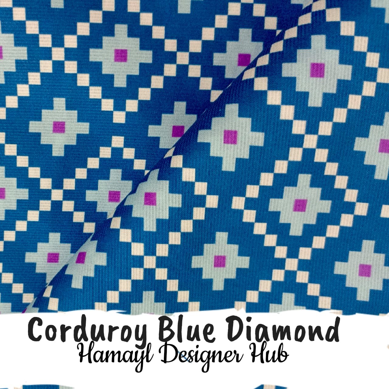 Corduroy Blue Diamond – 58 inch funky corduroy kotrai fabric with geometric diamond print by Hamayl Designer Hub Pakistan