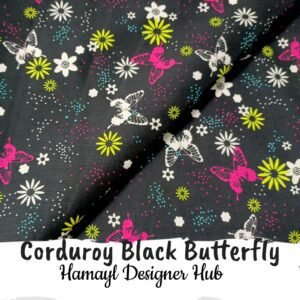 Corduroy Black Butterfly – 58 inch funky corduroy kotrai fabric with butterfly floral print by Hamayl Designer Hub Pakistan