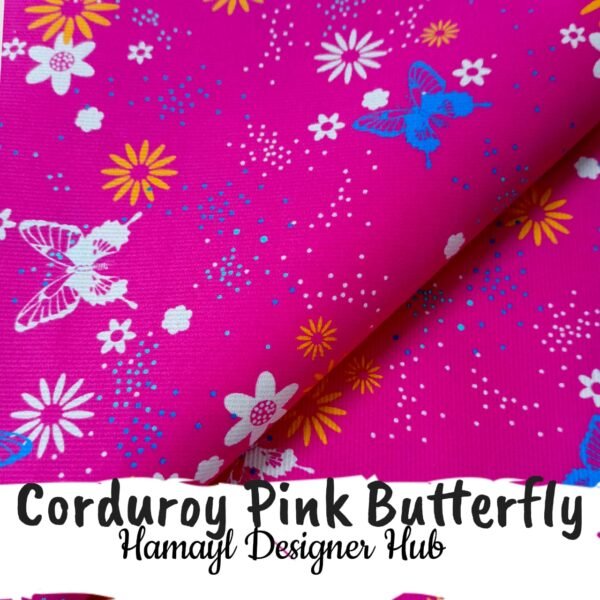Corduroy Pink Butterfly – 58 inch funky corduroy kotrai fabric with butterfly floral print by Hamayl Designer Hub Pakistan