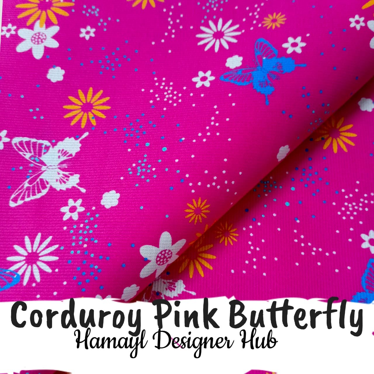 Corduroy Pink Butterfly – 58 inch funky corduroy kotrai fabric with butterfly floral print by Hamayl Designer Hub Pakistan
