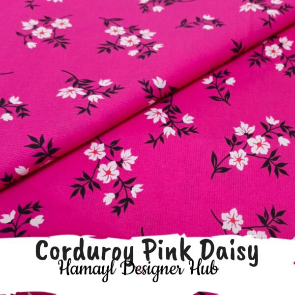 Corduroy Pink Daisy – 58 inch cotton corduroy funky kotrai fabric with daisy floral print by Hamayl Designer Hub Pakistan