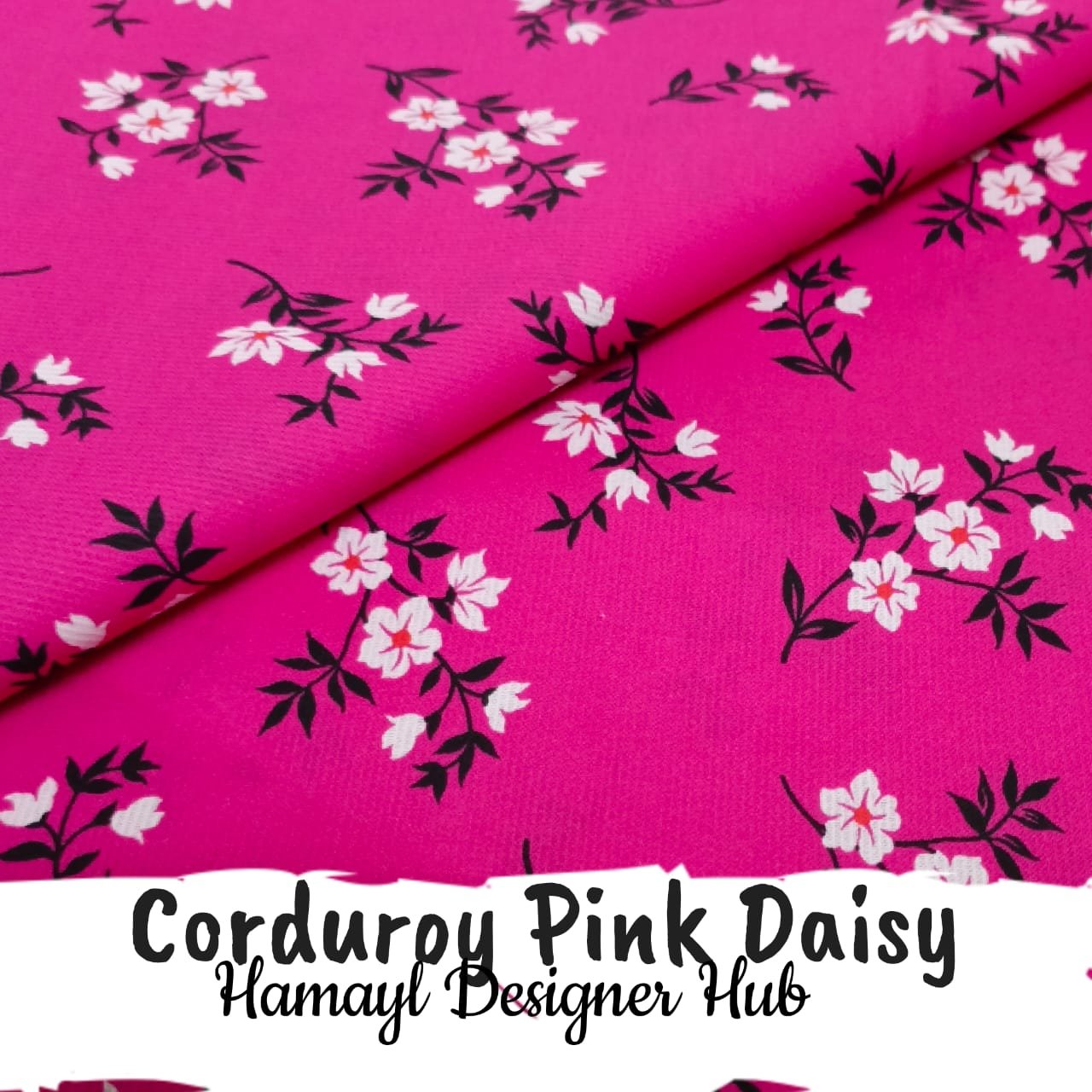 Corduroy Pink Daisy – 58 inch cotton corduroy funky kotrai fabric with daisy floral print by Hamayl Designer Hub Pakistan