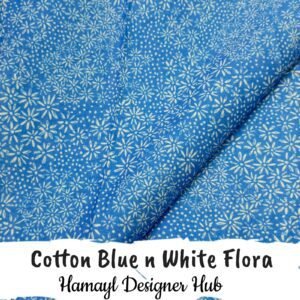 Cotton Blue n White Flora – 45 inch cotton fabric with floral white print by Hamayl Designer Hub Pakistan