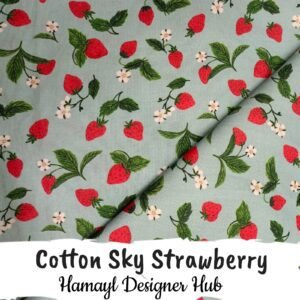 Cotton Sky Strawberry – 45 inch sky blue cotton fabric with strawberry and floral print by Hamayl Designer Hub Pakistan
