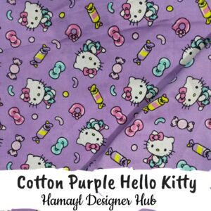 Cotton Purple Hello Kitty – 45 inch cotton fabric with Hello Kitty and candy print by Hamayl Designer Hub Pakistan