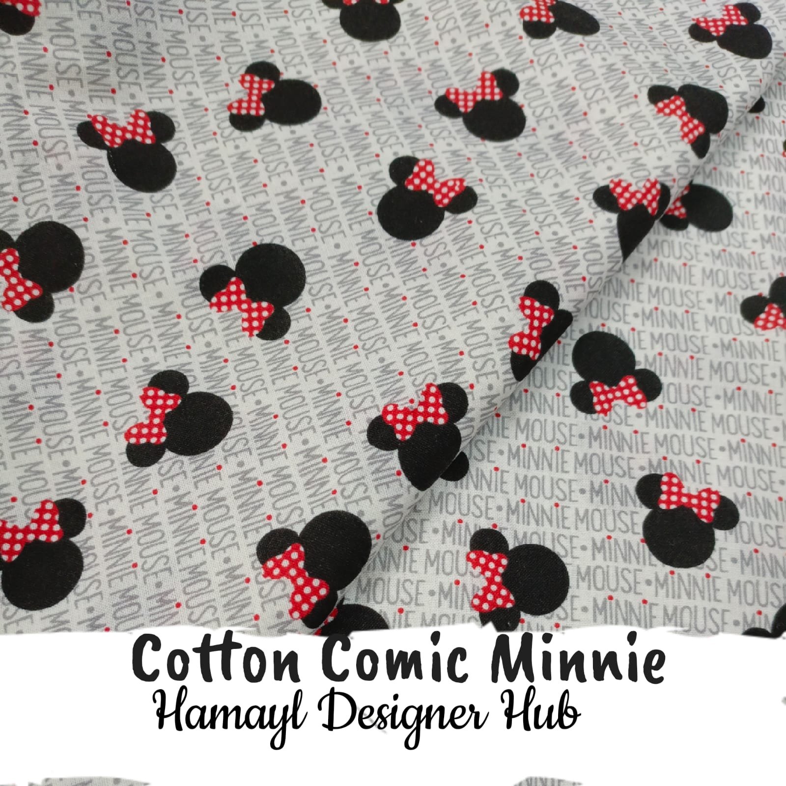 Cotton Comic Minnie fabric with cartoon Minnie Mouse print in red bows on grey background – 45 inch width premium cotton by Hamayl Designer Hub Pakistan