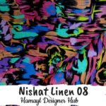 Nishat Linen 08 two‑piece unstitched linen suit fabric with neon brushstroke abstract in teal, purple, lime and coral on black – Hamayl Designer Hub