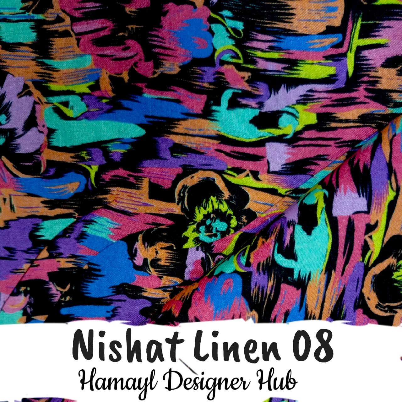 Nishat Linen 08 two‑piece unstitched linen suit fabric with neon brushstroke abstract in teal, purple, lime and coral on black – Hamayl Designer Hub