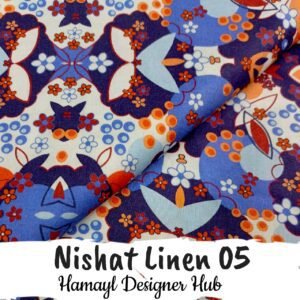 Nishat Linen 05 two‑piece unstitched linen suit fabric with indigo, sky blue and tangerine retro floral print – Hamayl Designer Hub