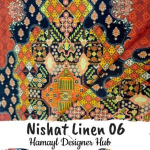 Nishat Linen 06 two‑piece unstitched linen suit fabric in rust and navy Persian‑tile & paisley print – Hamayl Designer Hub
