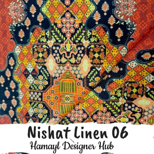 Nishat Linen 06 two‑piece unstitched linen suit fabric in rust and navy Persian‑tile & paisley print – Hamayl Designer Hub