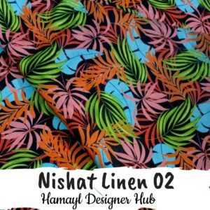 Nishat Linen 2PC Suit Design 02 with tropical leaf print – premium linen fabric in Pakistan by Hamayl Designer Hub