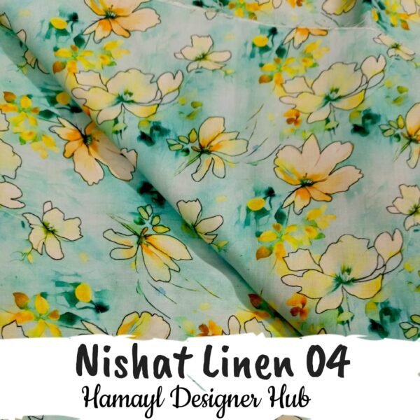 Nishat Linen 04 two‑piece unstitched suit fabric in mint green with yellow watercolor florals – Hamayl Designer Hub Pakistan