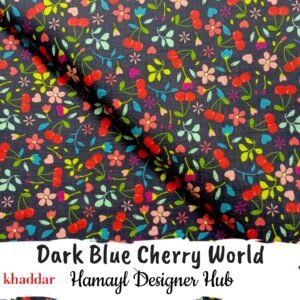 Dark Blue Cherry World Khaddar – Digital printed fabric with cherry floral design Winter 2025 Hamayl Designer Hub