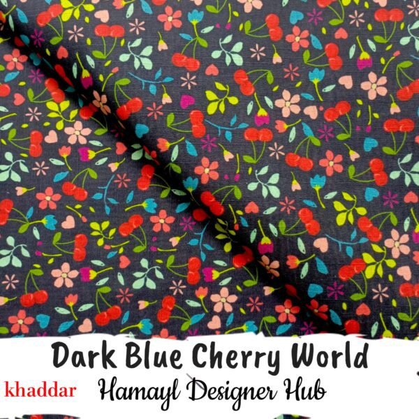 Dark Blue Cherry World Khaddar – Digital printed fabric with cherry floral design Winter 2025 Hamayl Designer Hub