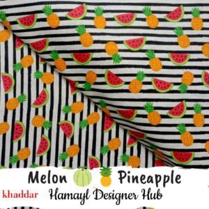 Melon & Pineapple Khaddar – digital printed fruit design on striped fabric Winter 2025 Hamayl Designer Hub