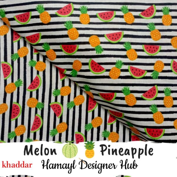 Melon & Pineapple Khaddar – digital printed fruit design on striped fabric Winter 2025 Hamayl Designer Hub