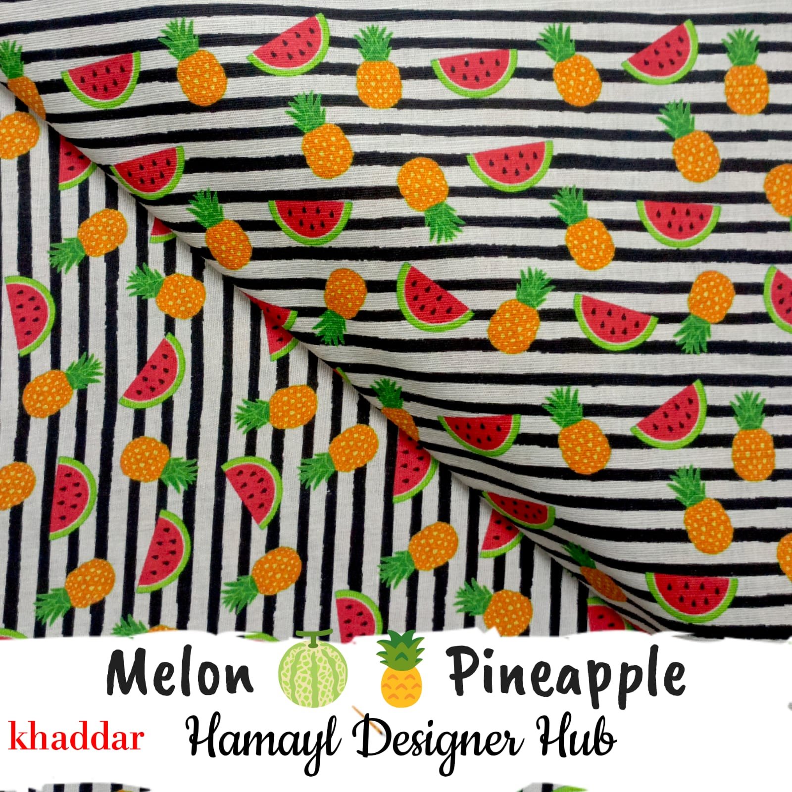 Melon & Pineapple Khaddar – digital printed fruit design on striped fabric Winter 2025 Hamayl Designer Hub