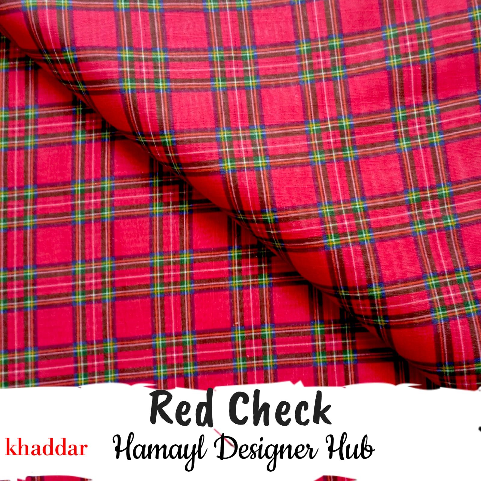 Red Check Khaddar – classic checkered winter suit fabric 2025 Hamayl Designer Hub