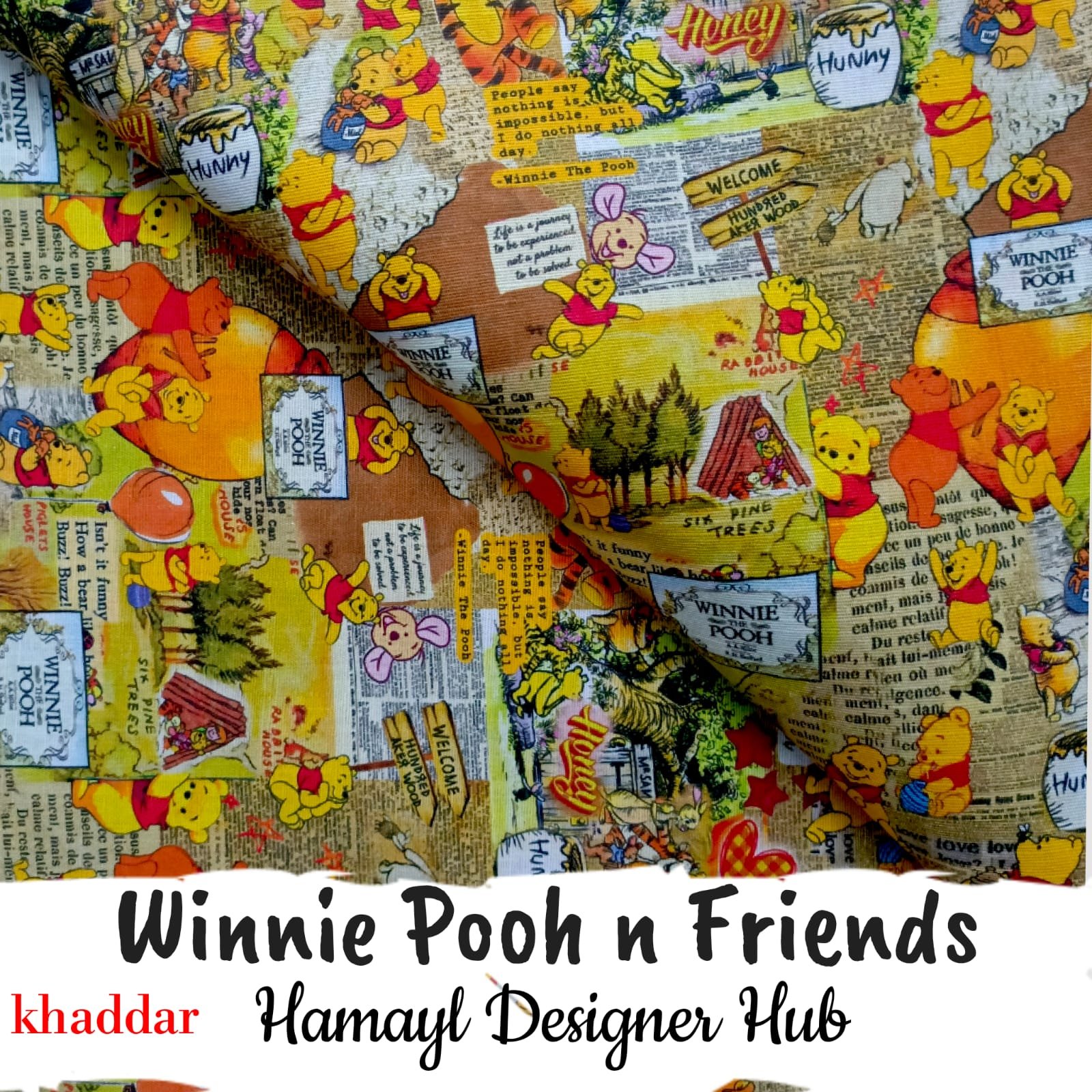 Winnie Pooh n Friends Khaddar – Digital cartoon printed fabric Winter 2025 by Hamayl Designer Hub