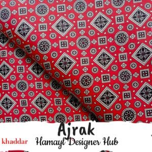 Ajrak Khaddar red digital printed fabric – Winter Collection 2025 Hamayl Designer Hub