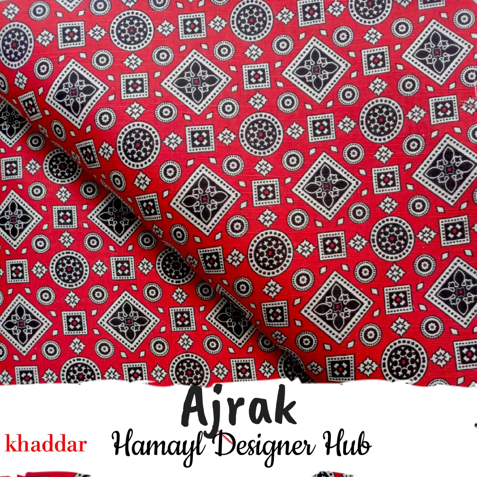 Ajrak Khaddar red digital printed fabric – Winter Collection 2025 Hamayl Designer Hub