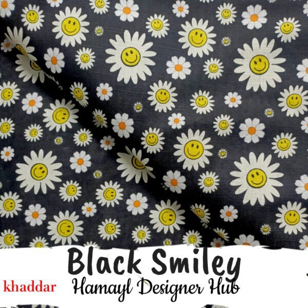 Black Smiley digital printed khaddar fabric with daisy flowers – Winter Collection 2025 Hamayl Designer Hub