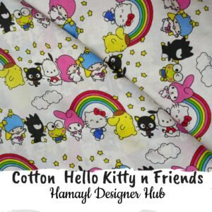 Cotton Hello Kitty n Friends – cartoon rainbow print cotton fabric Summer Collection 2025 Hamayl Designer Hub