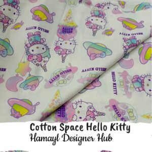 “Cotton Space Hello Kitty fabric 45 inch – pastel cartoon printed cotton summer 2025 Pakistan”