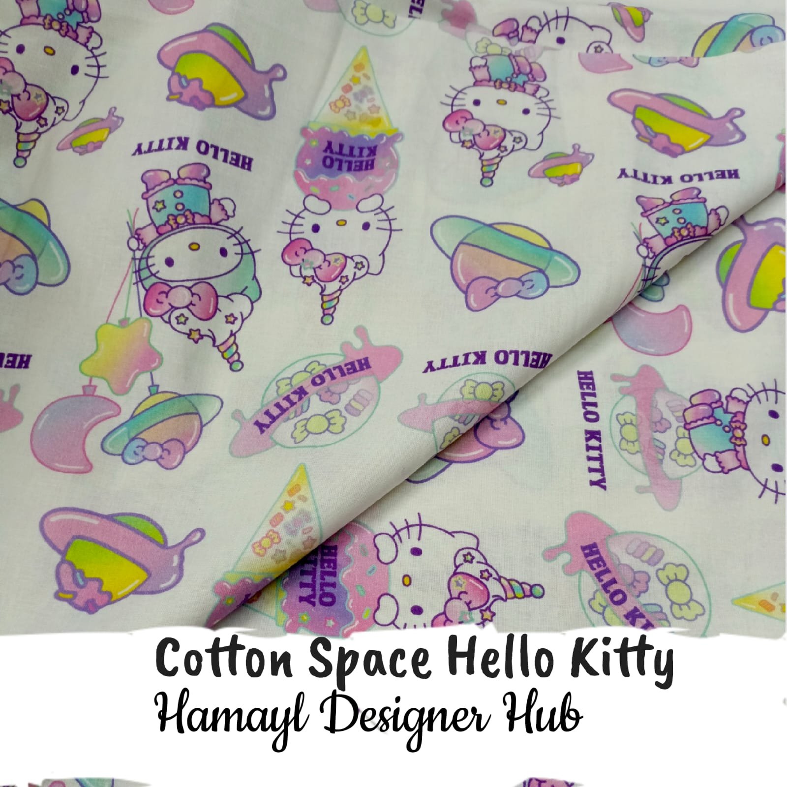 “Cotton Space Hello Kitty fabric 45 inch – pastel cartoon printed cotton summer 2025 Pakistan”