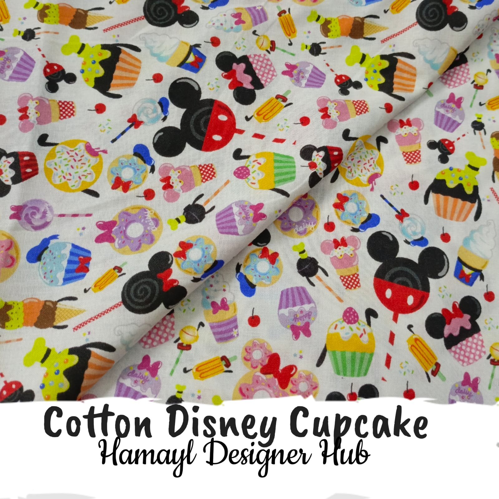 Cotton Disney Cupcake fabric 45 inch – cartoon cupcake candy printed cotton 2025 Pakistan”