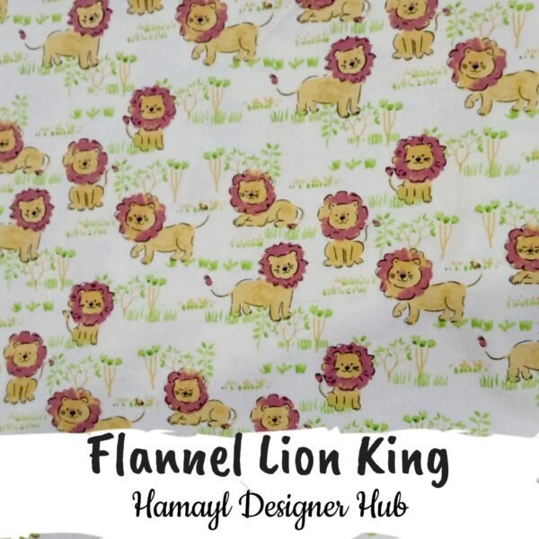 Flannel Lion King 45 inch export quality funky nightwear fabric with cartoon lion prints – ideal for kids’ pajamas and sleepwear