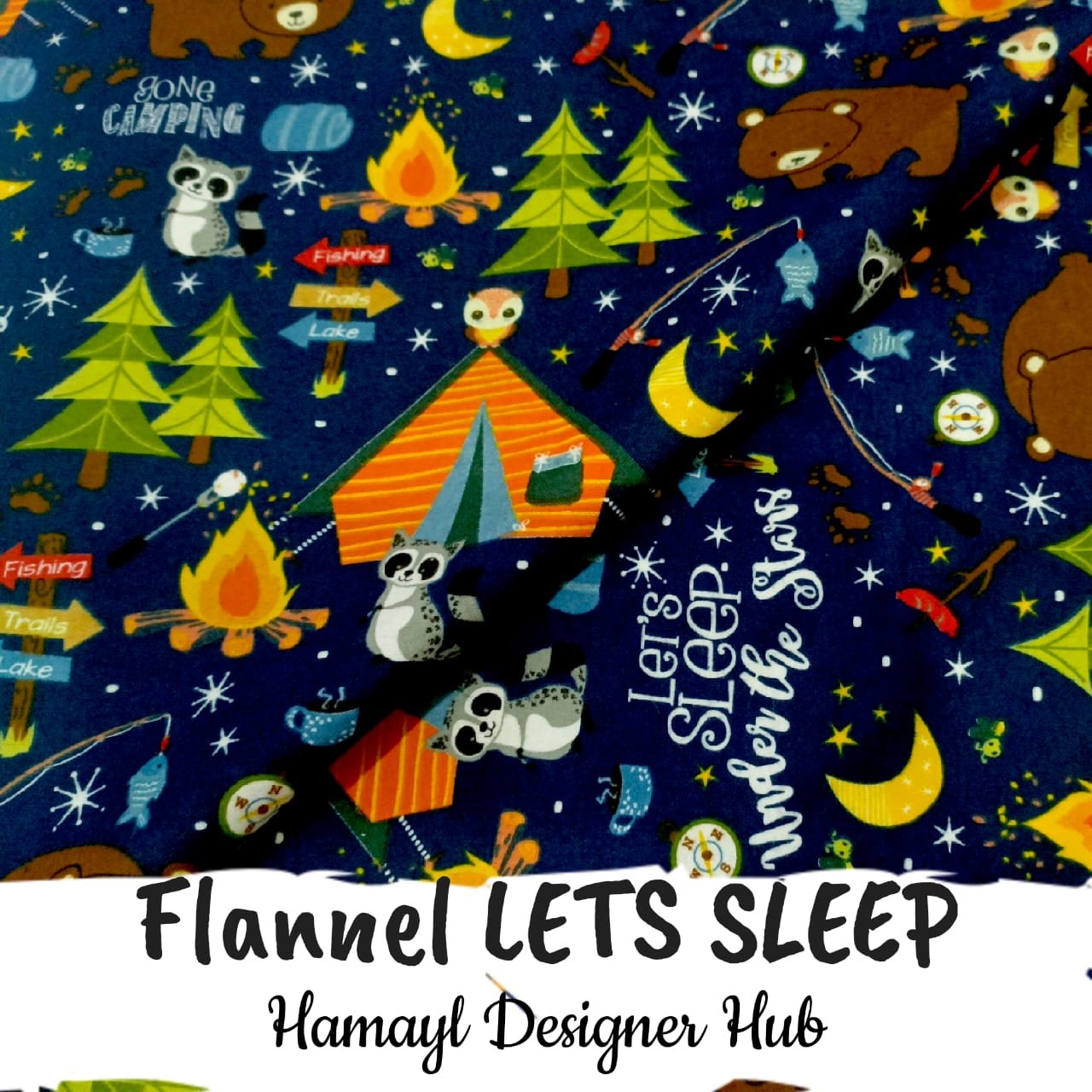 Flannel Let’s Sleep 45 inch funky nightwear fabric with camping and night sky prints – perfect for pajamas and kids’ winter sleepwear