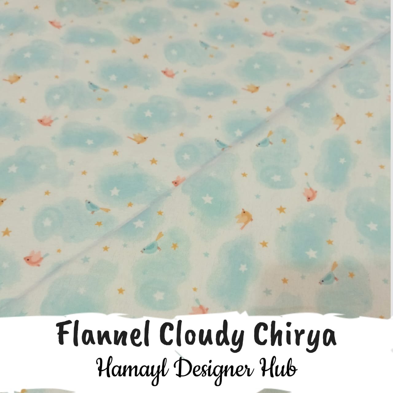 Flannel Cloudy Chirya 45 inch export quality nightwear fabric with clouds, chirya birds and stars – perfect for pajamas and sleepwear in winter 2025