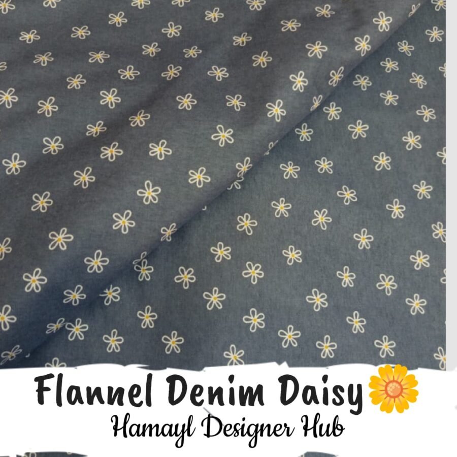 Flannel Denim Daisy – printed flannel fabric, 45-inch width, unstitched