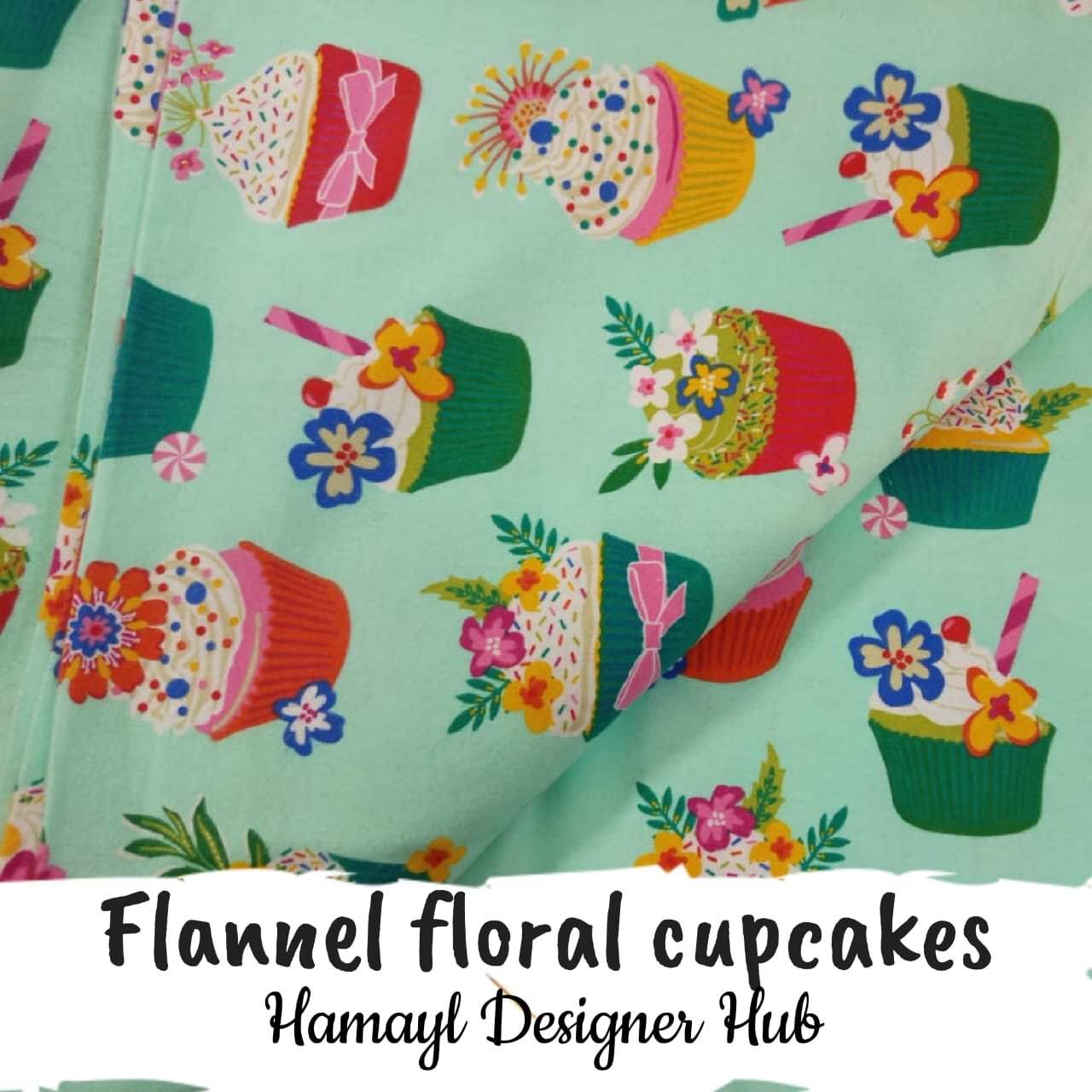 – 45 inch export quality funky nightwear fabric Flannel Floral Cupcakes
