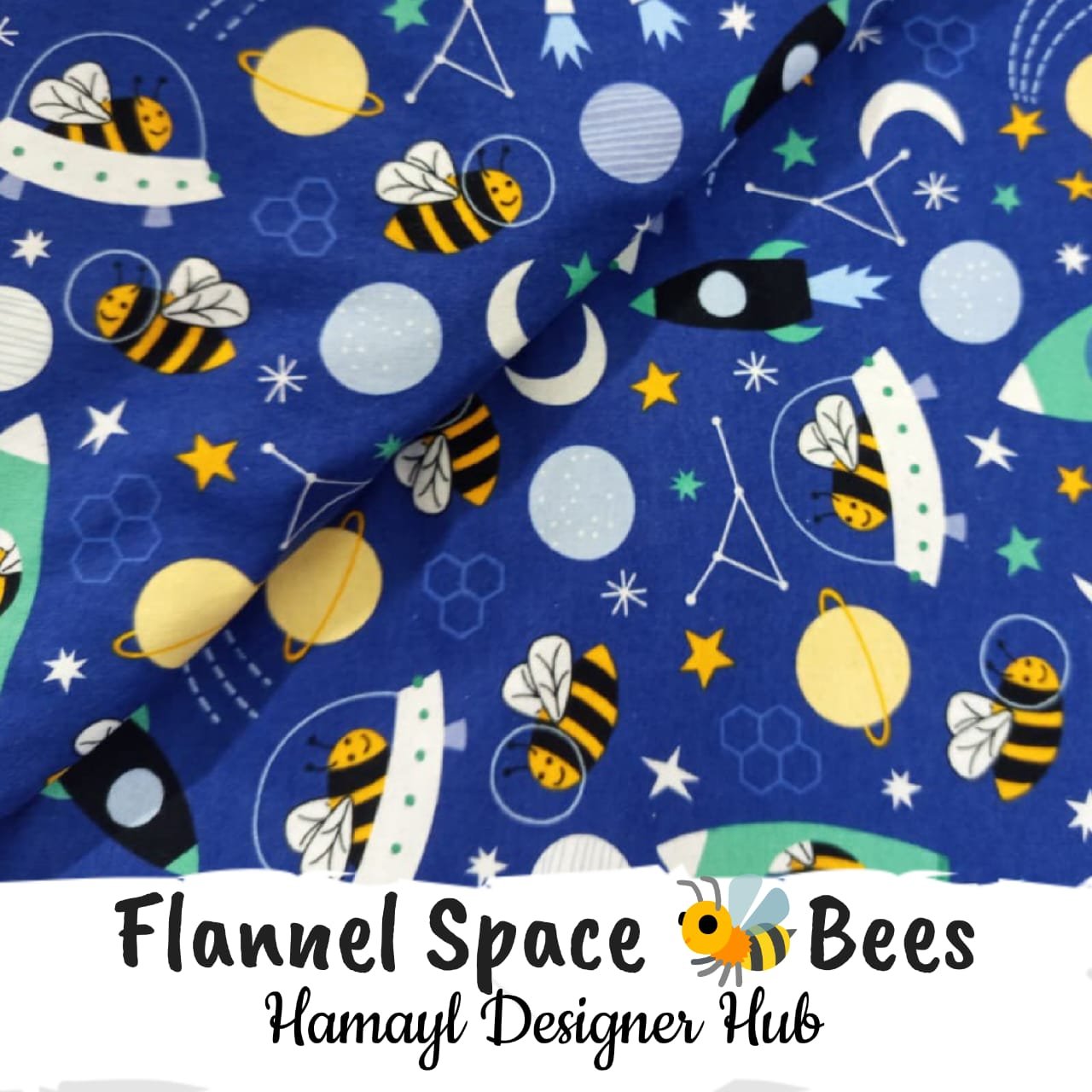 – 45 inch export quality funky nightwear fabric Flannel Space Bees