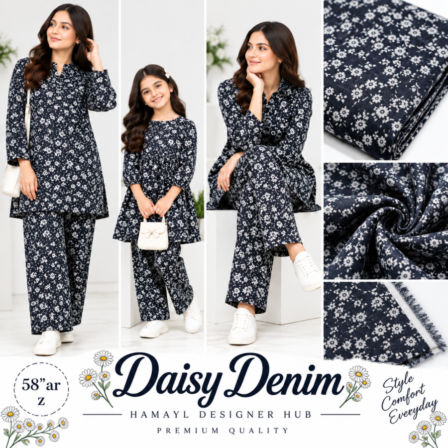 Denim Daisy – soft cotton denim fabric, 58-inch width, unstitched