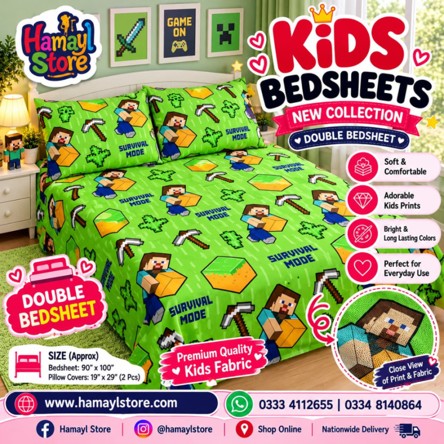 Minecraft Kids Double Bedsheet with 2 Pillow Covers – kids bedsheets