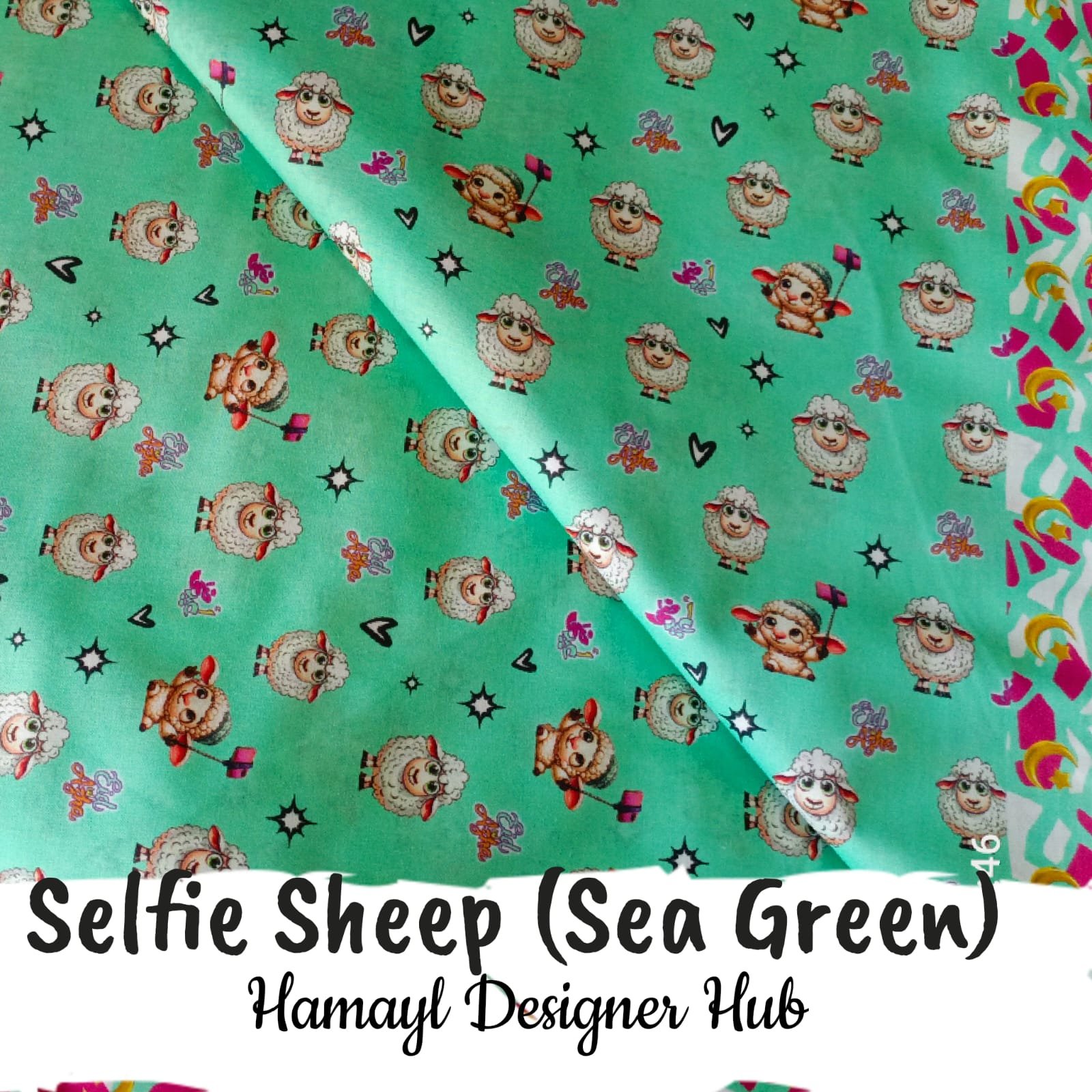 Selfie Sheep Sea Green – digital printed lawn fabric, 45-inch width, unstitched