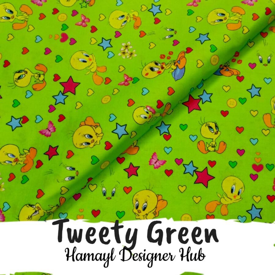 Tweety Green – digital printed lawn fabric, 45-inch width, unstitched