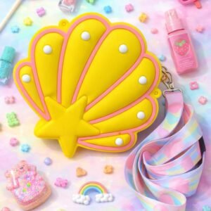 Mermaid silicone shell crossbody bag for kids in pastel yellow and pink