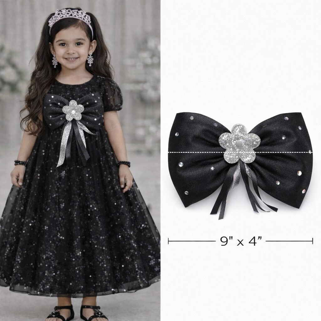 Black & Silver Fancy Frock Bow in Pakistan – 9x4 Inch Removable Luxury Dress Bow