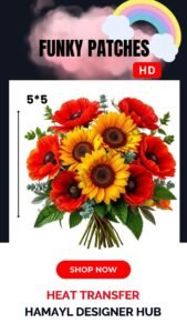 Funky Patch 239-Sunflower & Red Poppy Bouquet Patch 5x5 Inches – Iron On Patches in Pakistan | Waterproof Heat Transfer for Summer & Winter