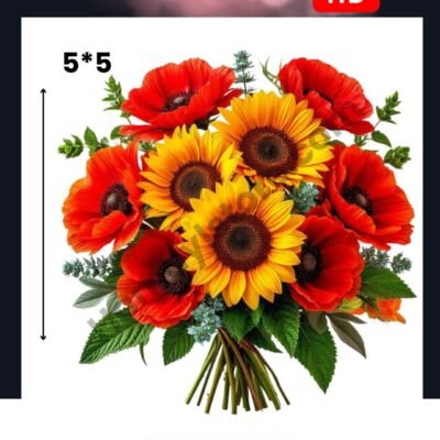 Funky Patch 239-Sunflower & Red Poppy Bouquet Patch 5x5 Inches – Iron On Patches in Pakistan | Waterproof Heat Transfer for Summer & Winter