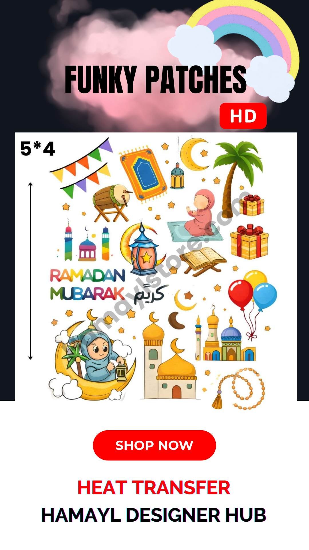 funky patch 265 – Ramadan Mubarak 5x4 – Iron On Patches in Pakistan Ramadan Mubarak 5x4 Iron On Patches in Pakistan waterproof Islamic HD heat transfer for cotton lawn khaddar denim hoodies