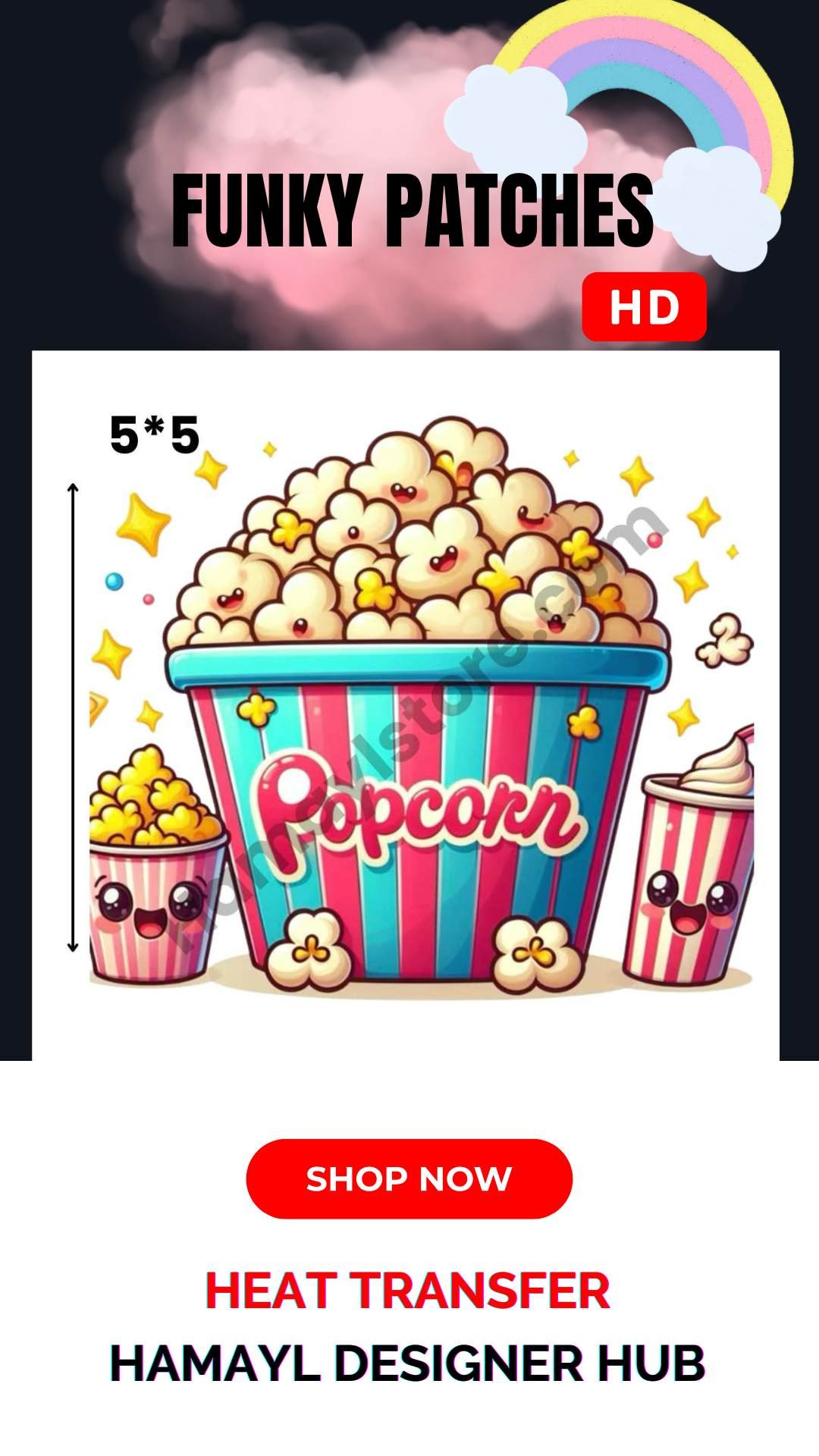 funky patch 261 – Cute Popcorn 5x5 – Iron On Patches in Pakistan Cute Popcorn 5x5 Iron On Patches in Pakistan waterproof HD heat transfer for lawn cotton khaddar hoodies denim kids outfits