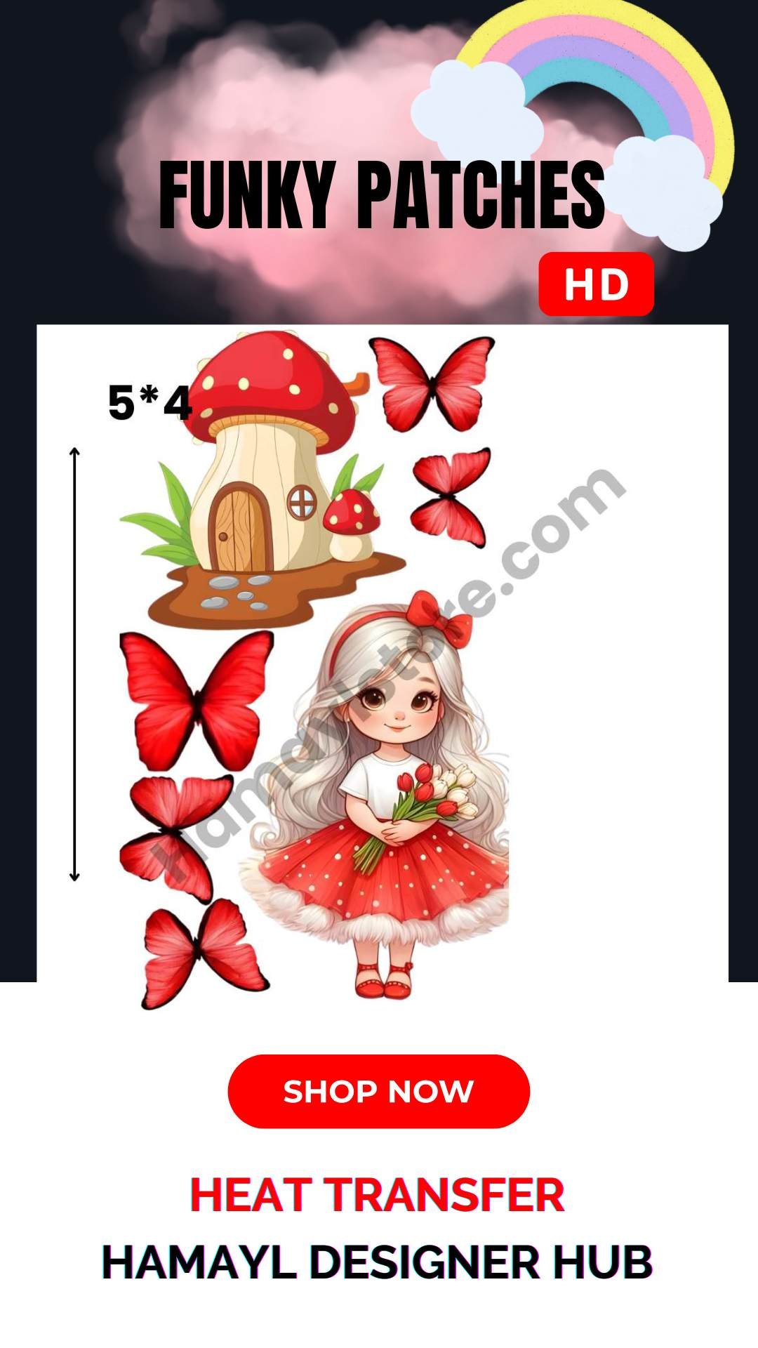 Red Butterfly Girl Mushroom – floral iron-on patch, 5x4 inches