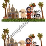 eid village scene border 22 inch mosque sheep cow kids eid heat transfer pakistan